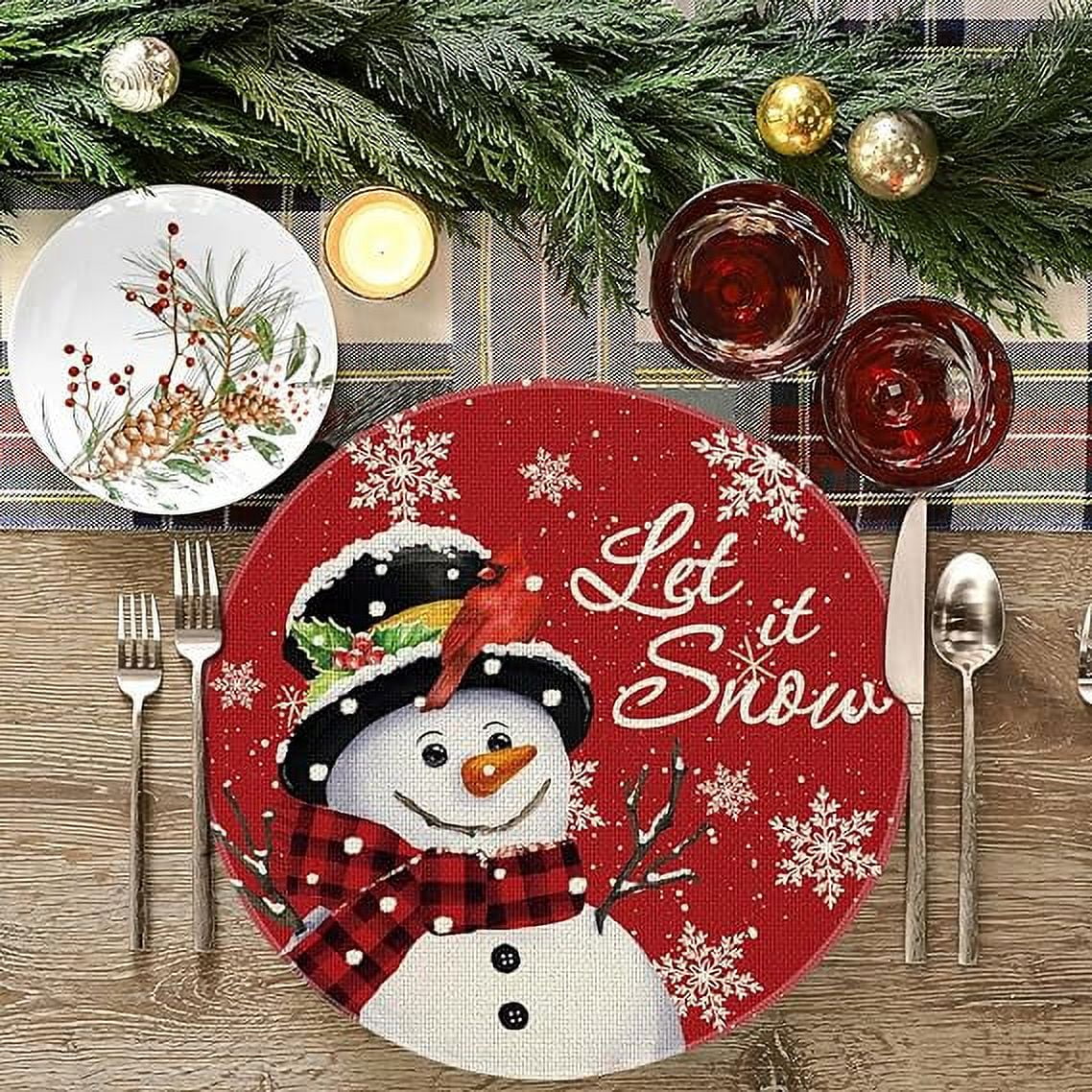 Red Snowman Let It Snow Winter Placemats Set of 4, 15 Inch Seasonal