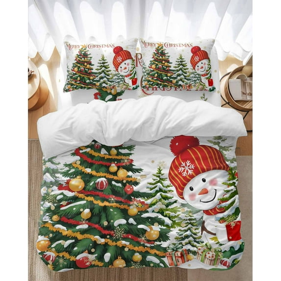 Red Snowman Merry Christmas Tree Bedding Duvet Cover Set King Size 4 Pieces Xmas Gift Winter Snowflake Bedding Set with Zipper Closure, 1 Comforter Cover 92x106 Inches 1 Flat Sheet & 2 Pillow Cases