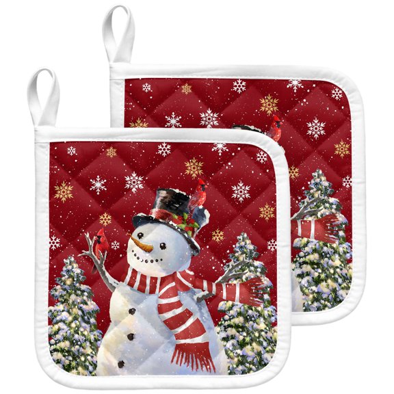 Red Snowman Pot Holders for Kitchen Heat Insulation Potholder, Christmas Tree Snowflake Winter Holiday Kitchen Pot Holders Sets Washable Oven Hot Pads Cloth Trivet for Cooking Baking 2 Pack