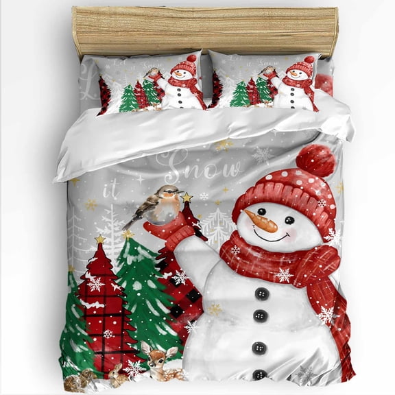 Red Snowman Queen Size Comforter Set, Christmas Let Snow Pine Trees Bird Snowing Grey Soft Bedding for All Seasons, 4 Pcs Bed Set with 1Comforter (90"x92") ,1 Sheet(94"x116"), 2 Pillowcases (19"x29")