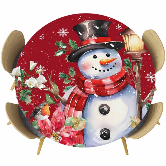 Red Snowman Round Tablecloth, Fitted Table Cover with Elastic for 36"-44" Round Tables, Christmas Poinsettia Winter Snowflake Table Cloth Outdoor Indoor Dinning Party Waterproof Tablecloths