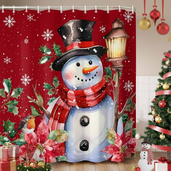Red Snowman Shower Curtain, Christmas Poinsettia Winter Snowflake Waterproof Fabric Shower Curtains with 12 Hooks, Bathroom Curtain Set for Bathroom Accessories Decor, 36 x 72 Inches