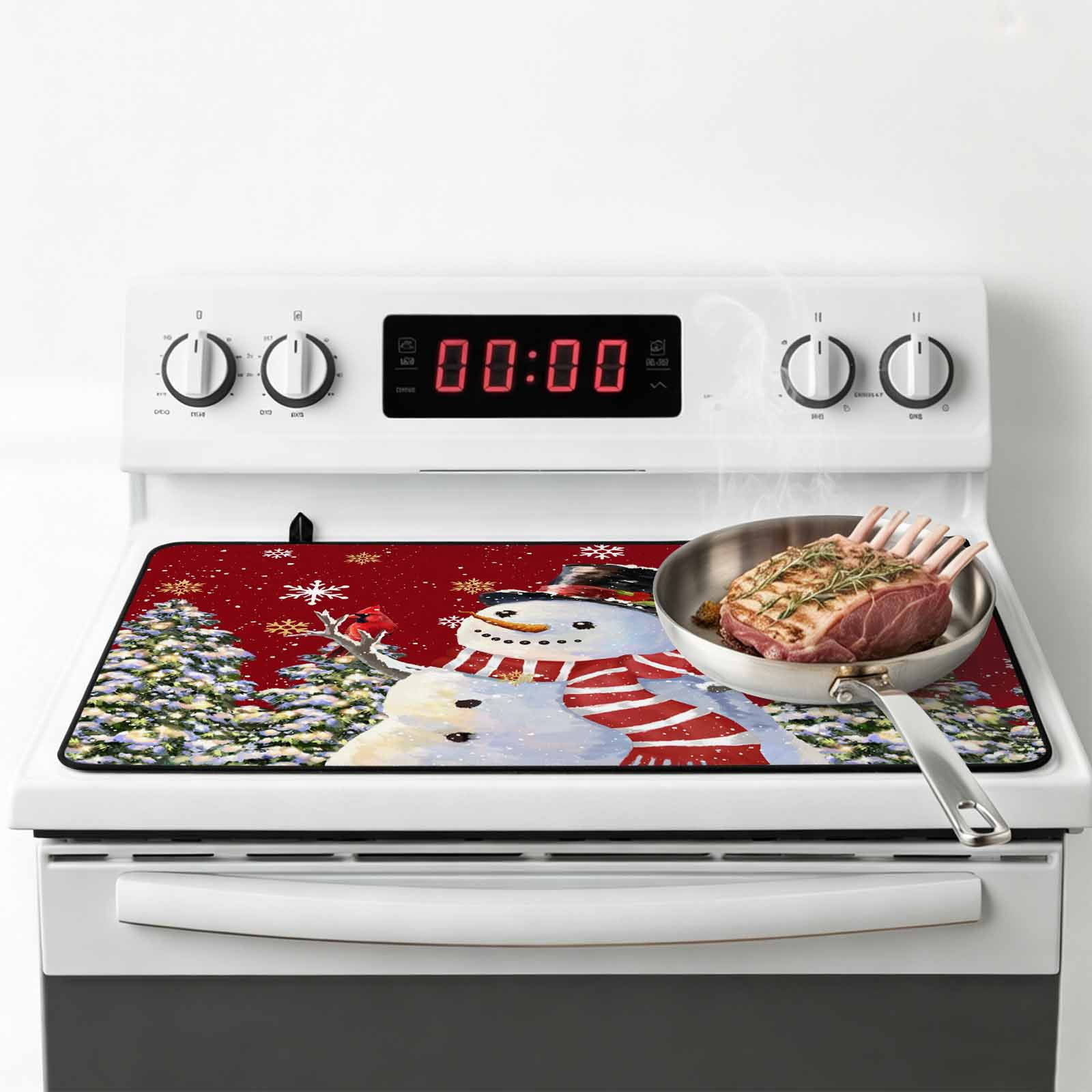 Red Snowman Stove Top Cover for Electric Stove, Heat-proof & Non Slip Glass Top Stove Cover Protector, Christmas Tree Snowflake Winter Holiday Kitchen Flat Cooktop Rubber Mat 24x21 Inches