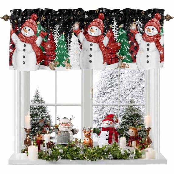 Red Snowman Valances for Windows, 42 x 18in, Christmas Let Snow Pine Trees Bird Snowing Black Rod Pocket Kitchen Valance Curtain Light Filtering Window Treatments for Living Room Bedroom, 1 Panel