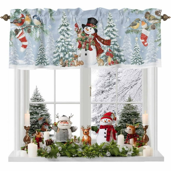 Red Snowman Valances for Windows, 54 x 18in, Winter Christmas Tree Birds Snowflake Stocks Rod Pocket Kitchen Valance Curtain Light Filtering Window Treatments for Living Room Bedroom, 1 Panel
