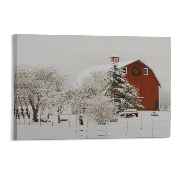 Red Snowy Barn Christmas on the Farm Canvas Prints Wall Art,Winter Scene Decor Wooden Framed for Living Room Bedroom Office 12×8 inch