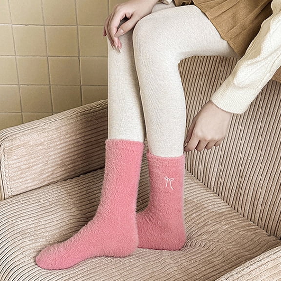 Red Socks Ladies' Mink Fleece Socks Cold and Warm Keeping Korean Style Bow Decorated Mid Calf Socks Home Plush Sleep Socks