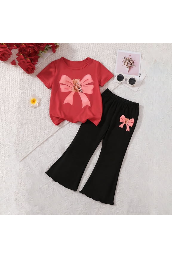 Red Soft Stretch 2-Piece Teddy Bear Bow Outfit for Girls - Skin-Friendly Short Sleeve Top & Flared Pants, Cute Casual Wear for Kidss & Big Girls (2-8 Years),Size 6-7 T