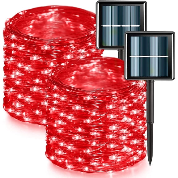 Red Solar Fairy Lights Outdoor Waterproof, 2 Pack Each 33ft 100 LED Solar String Lights, 8 Modes Silver Wire Solar Twinkle Lights for Halloween Christmas Patio Garden