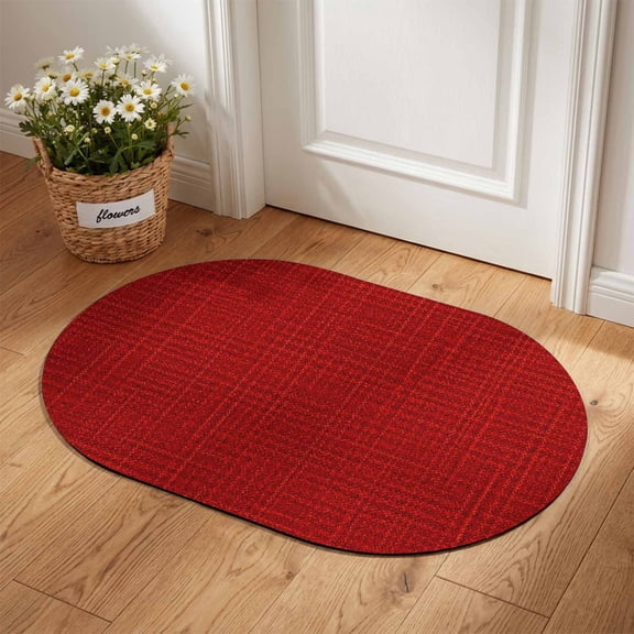 Red Solid Color Diatomaceous Earth Bath Mat, Deep Red Woven Fabric Texture Rustic Minimalist Oval Non-Slip Quick Dry Door Mat Super Absorbent Bath Rug for Bathroom Kitchen Laundry 16x24in
