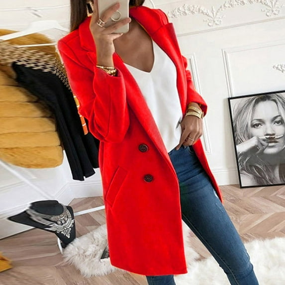 Red Solid Color Jackets, Polyester Women's Plus Size Jackets, Woman Long Wool Coat Elegant Blend Coats Slim Female Long Coat Outerwear Jacket, XXL