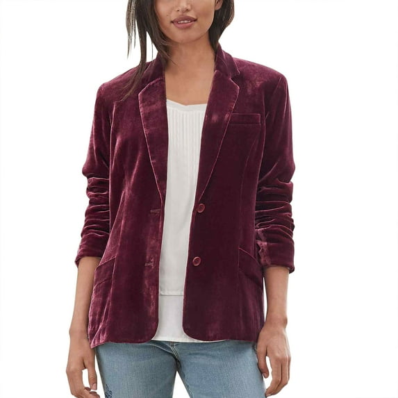 Red Solid Color Jackets, Polyester Women's Suit Jackets, Women's Golden Velvet Solid Colour Fashion Casual Top Jacket, XXL