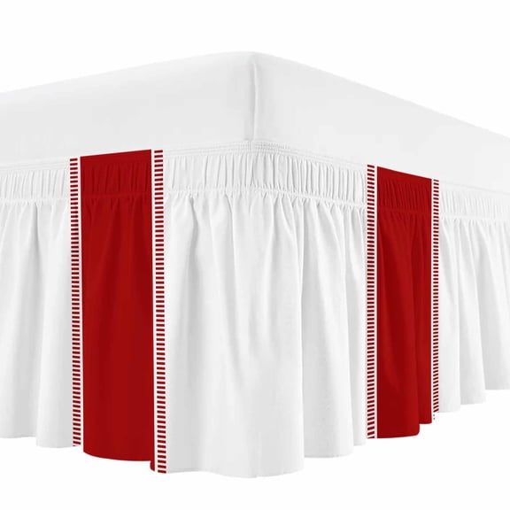 Red Solid Color Texture Bed Skirt Cal King Size, Simple Red Stripes Wrap Around Bed Skirting with Adjustable Elastic Strap, Dust Ruffled Pleated Bedskirts 18 Inch Drop for Bedroom Cal King Beds