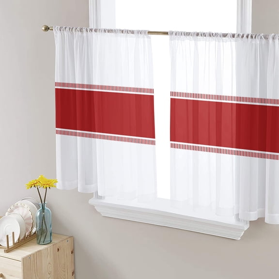 Red Solid Color Texture Sheer Curtains 54 Inches Length 2 Panels Set, Window Sheer Curtains for Living Room/Bedroom, Simple Red Stripes Light Filtering Rod Pocket Curtain 52'' x 54'' x 2