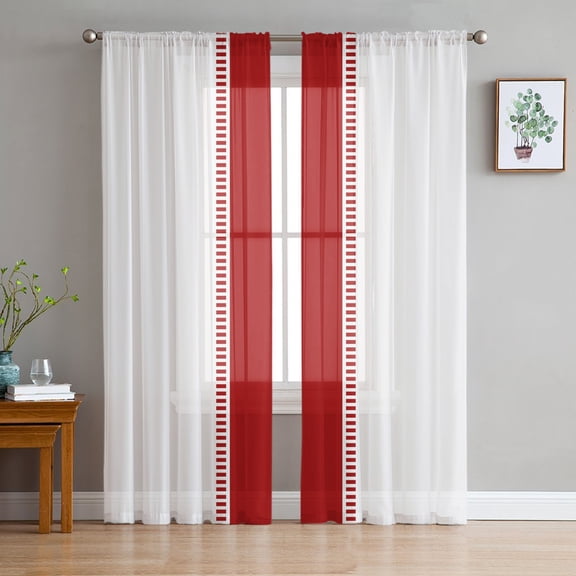 Red Solid Color Texture Sheer Curtains 72 Inches Long 2 Panels Set, Window Sheer Curtains for Living Room/Bedroom, Simple Red Stripes Light Filtering Rod Pocket Curtain 52'' x 72'' x 2