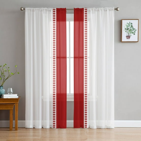 Red Solid Color Texture Sheer Curtains 96 Inches Long 2 Panels Set, Window Sheer Curtains for Living Room/Bedroom, Simple Red Stripes Light Filtering Rod Pocket Curtain 52'' x 96'' x 2