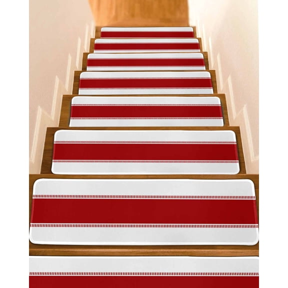 Red Solid Color Texture Stair Treads for Wooden Steps Indoor Runner Rug Carpet, Simple Red Stripes 7 Pieces Peel and Stick Staircase Step Treads Covers Washable Throw Door Mats, 30"x8"