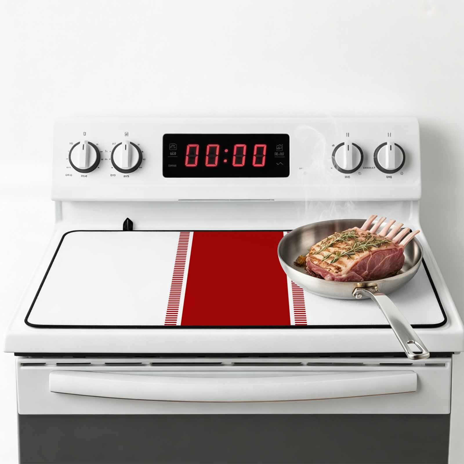 Red Solid Color Texture Stove Top Cover for Electric Stove, Heat-proof & Non Slip Glass Top Stove Cover Protector, Simple Red Stripes Kitchen Flat Cooktop Rubber Mat 36x21 Inches