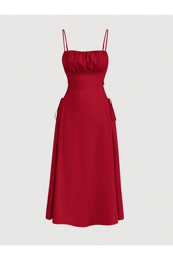Red Solid Ruched Bust Tie-Side Cami Midi Dress For Women