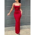 thumbnail image 1 of Red Solid Square Neckline Spaghetti Strap Bodycon Maxi Dress For Women, 1 of 4