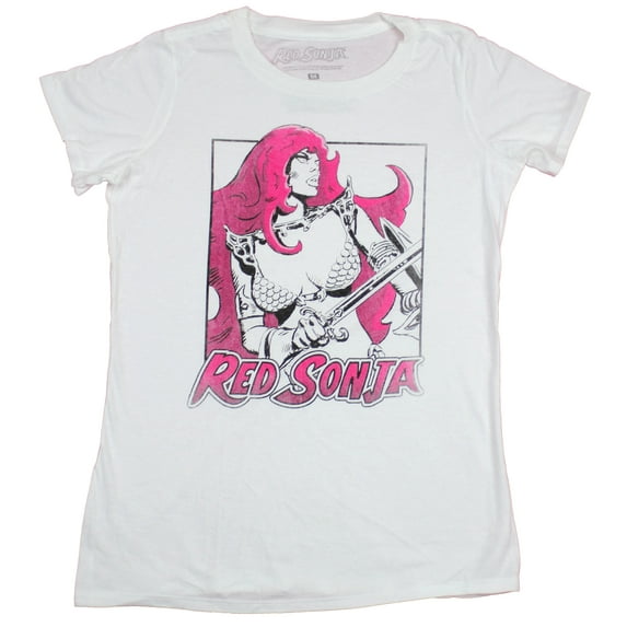 Red Sonja Girls Juniors T-Shirt - Outlined Drawing Pink Hair Art (X-Large)