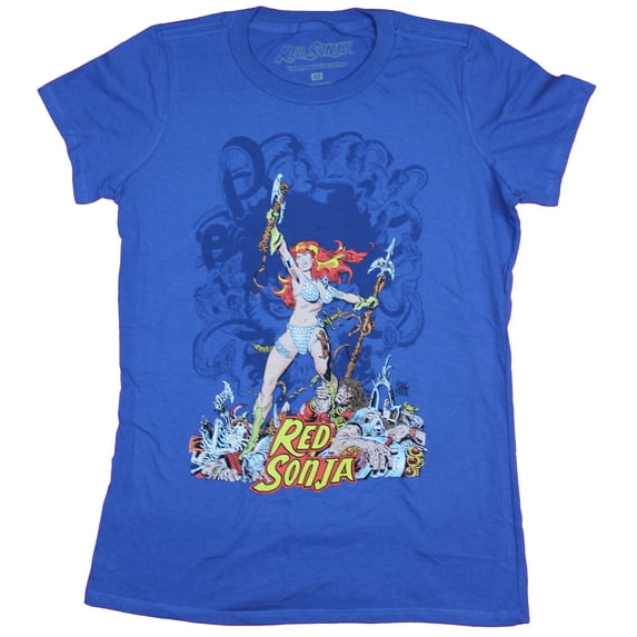 Red Sonja Girls Juniors T-Shirt - Victorious Pose Atop A Body Pile (X-Large)