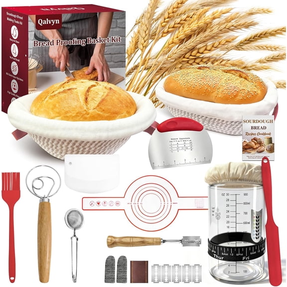 Red Sourdough Bread Baking Starter Kit, Oval & Round Cotton Rope Proofing Baskets with Starter Jar, Artisan Bread Making Gift Set for Bakers Mom Wife Women