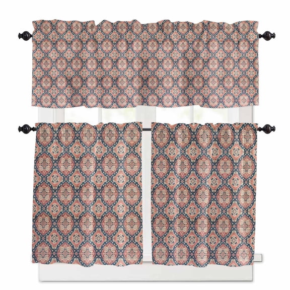 Red Southwest Ethnic Group Kitchen Curtains Valance and Tier Set Country Retro Style Rod Pocket Short Curtains for Small Window 3 Pieces Set for Bedroom Bathroom Cafe (54" x 18"+27" x 24")