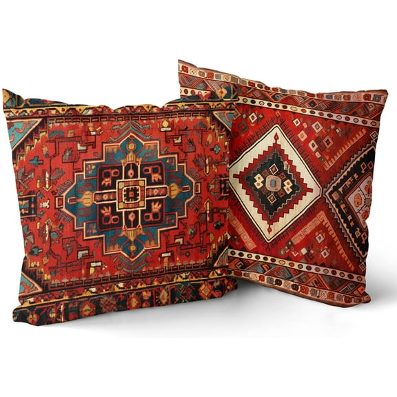 Red Southwest Throw Pillow Covers 18x18 Inch Aztec Western Chinoiserie Pillow Cover Geometric Farmhouse Pillowcase Square Cushion Cover for Bedroom Sofa Couch Home Decor (Pack of 2)