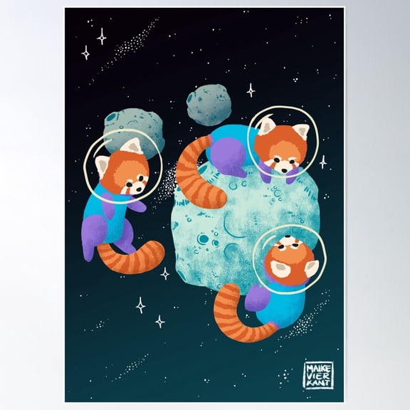 Red Space Pandas Poster Wall Art, Poster Only