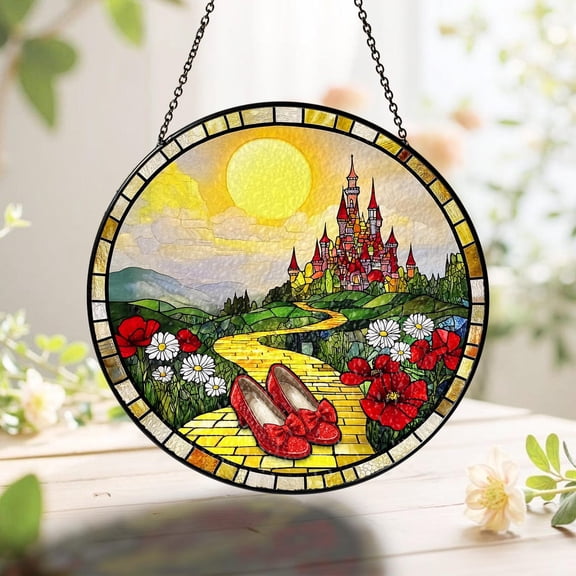 Red Sparkle Shoes Glass Suncatcher, Fantasy Castle Window Hanging, Fairy Tale Red Shoes Ornament Gift, Wizard Fantasy Gift, Wizard Fan Gift, Suncatcher Window Hanging, 3.5 in