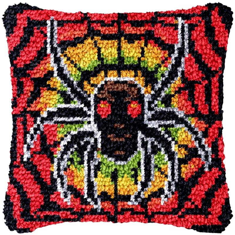 Red Spider Latch Hook Pillow Cover Kits for Needlework Cushion Throw Pillow Cross Stitch Crochet Hook Pillowcase Rug Kits Printed Canvas Crochet Yarn Kits Needlework 17'' X 17''