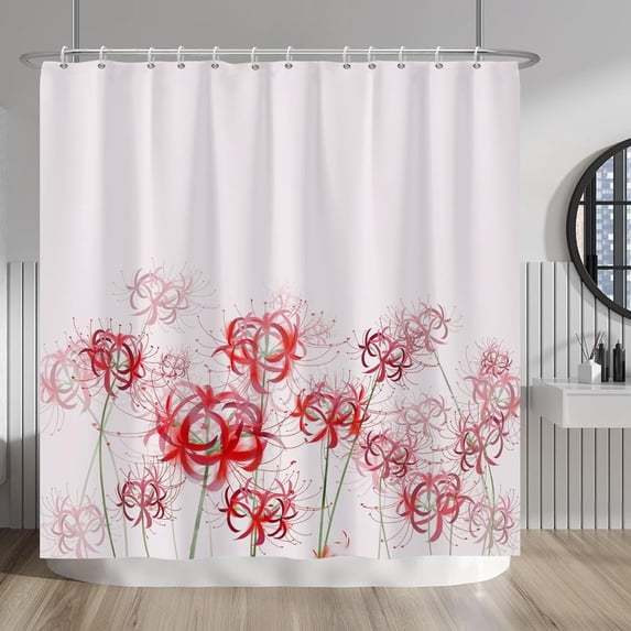 Red Spider Lily Shower Curtain Set Abstract Watercolour Floral Decorative Manjusaka Modern Shower Curtains Sets with Hooks 72x72 Inches for Hotel Spa Bathroom Bathtubs Decors Polyester Fabric