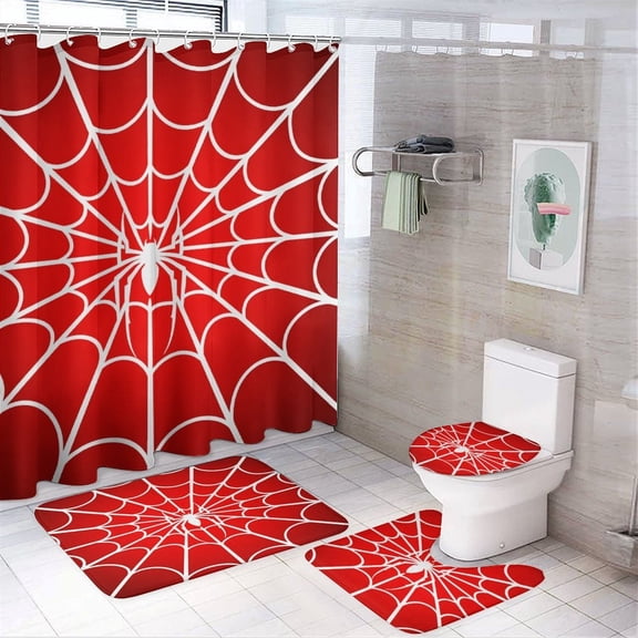Red Spider Web Black Cartoon Shower Curtain Bathroom Sets Toilet Lid Rug, Rugs Mat Bath Mat And Contour Mat, Shower Curtain 4Pcs