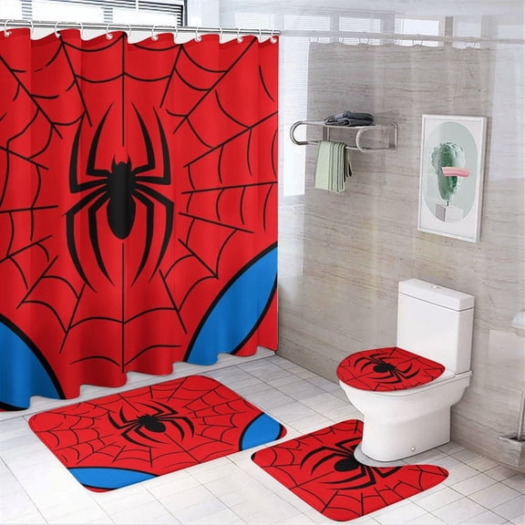 Red Spider Web Black Cartoon Shower Curtain Bathroom Sets Toilet Lid Rug, Rugs Mat Bath Mat And Contour Mat, Shower Curtain 4Pcs