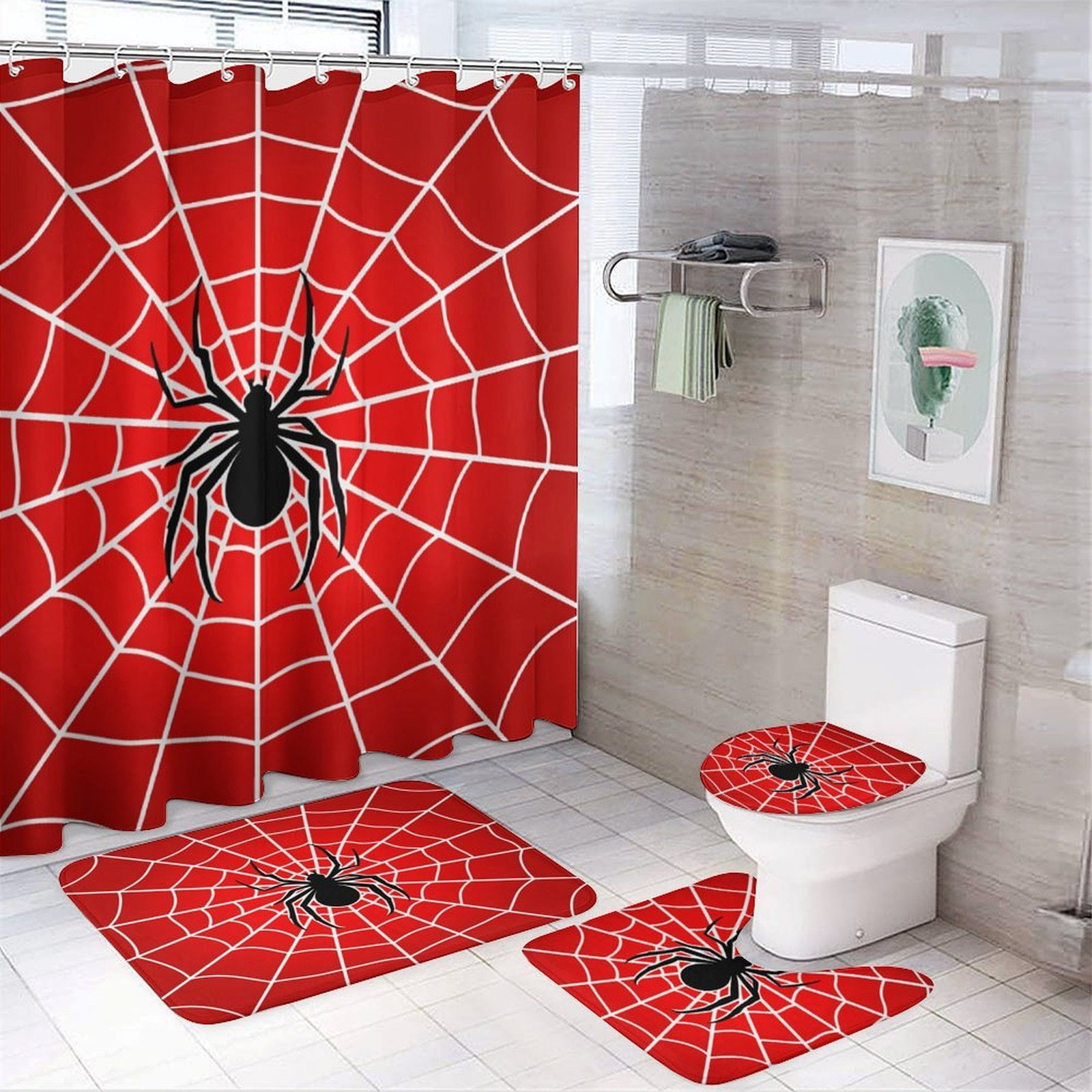 Red Spider Web Black Cartoon Shower Curtain Set Modern Bathroom Decor Mats 4pcs Fabric Bathroom Curtain Slip Floor Rug Toilet Lid