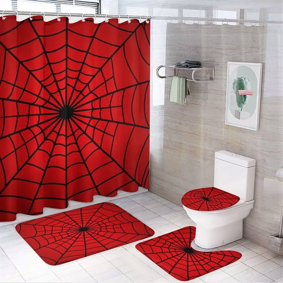 Red Spider Web Black Cartoon Shower Curtain Set Modern Bathroom Decor Mats 4pcs Fabric Bathroom Curtain Slip Floor Rug Toilet Lid