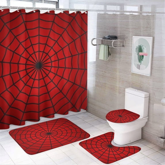 Red Spider Web Black Cartoon Shower Curtain Waterproof Bathroom Curtain Set 4pcs with Hooks Home Decor Bathroom Curtains