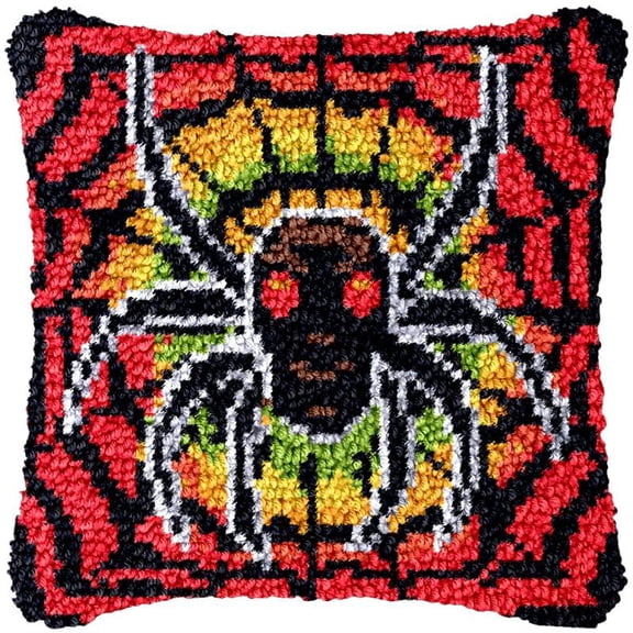 Red Spider Web Latch Hook Kits Pillow DIY Rug Crochet Hook Cushion Making Kits with Preprinted Pattern Canvas Instruction Yarns and Latch Hooking Pillow Cover Easy to Starter DIY Kits 43x43cm