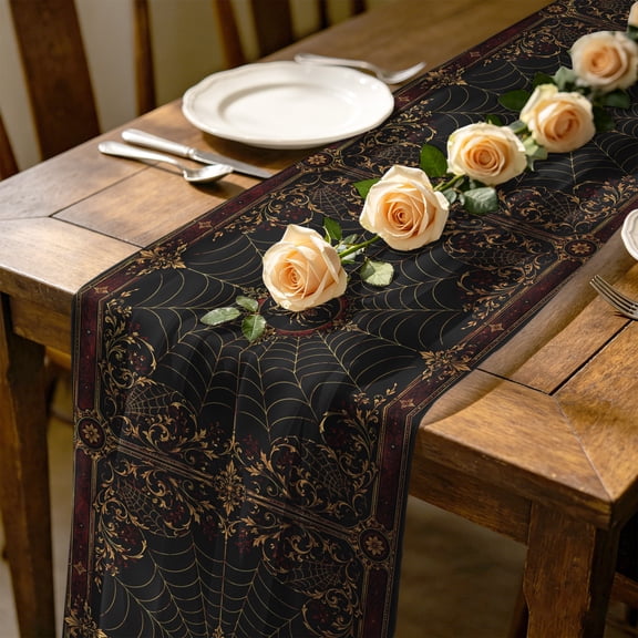 Red Spiders 4.5 ft Cheesecloth Table Runner for Wedding 19"x55", Vintage Brown Gold Web Insects Damask Border Rosettes Kitchen Dinner Sheer Tulle Chiffon Dresser Scarf, Holiday Party Decorations