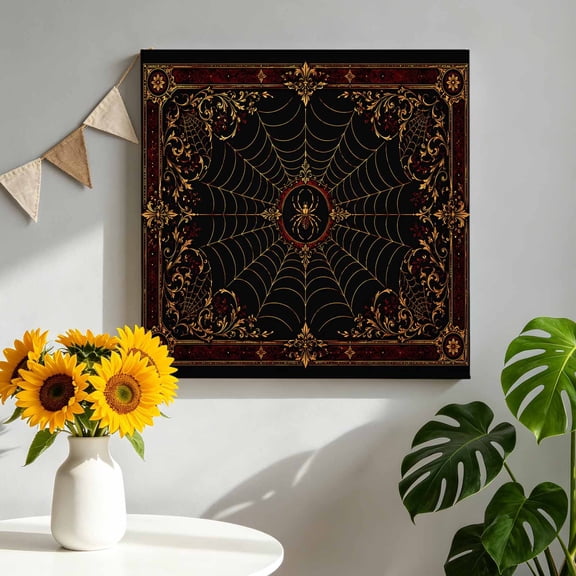 Red Spiders Canvas Wall Art for Living Room, Vintage Brown Gold Web Insects Damask Border Rosettes Wall Decor Framed Artwork Pictures Ready to Hang for Bedroom Office Home Decor 12x12 Inch