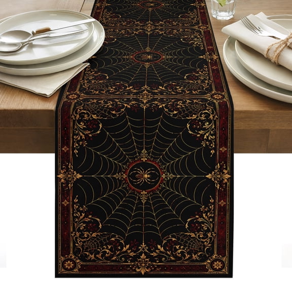 Red Spiders Cotton Linen Table Runner Vintage Brown Gold Web Insects Damask Border Rosettes Dining Table Runners for Home Decor Party Dining Room Restaurant Kitchen Party 13" x 36"