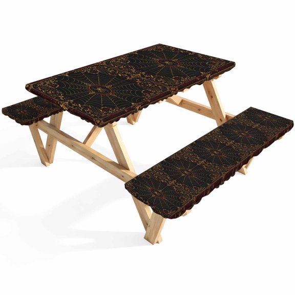 Red Spiders Picnic Table Cover with Bench Covers Vintage Brown Gold Web Insects Damask Border Rosettes Waterproof Fitted Picnic Tablecloth 3 Pieces Set Table Cloth for Outdoor Camping Garden BBQ