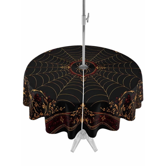 Red Spiders Round Outdoor Tablecloth with Umbrella Hole Vintage Brown Gold Web Insects Damask Border Rosettes 54 Inch Round Waterproof Table Cover Zippered Table Cloth for Garden Patio