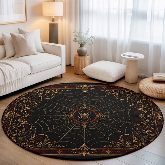 Red Spiders Small Round Rug 3Ft Vintage Brown Gold Web Insects Damask Border Rosettes Area Rugs Washable Non Slip Indoor Floor Mats Circle Carpet for Living Room Bedroom Dining Room Home Decor