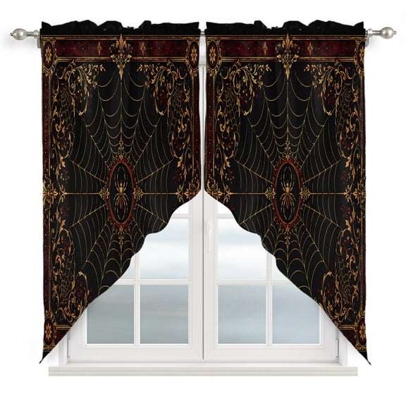 Red Spiders Swag Valances for Windows 2 Pack Vintage Brown Gold Web Insects Damask Border Rosettes Swag Kitchen Curtains 36 Inches Long Rod Pocket Short Window Treatment for Kitchen Bathroom 28"x36"