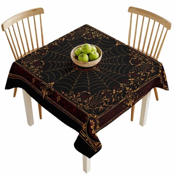 Red Spiders Table Cloth 60x60 Inch Square, Vintage Brown Gold Web Insects Damask Border Rosettes Waterproof Tablecloth Oil Proof Washable Table Cover for Party Picnic Dining Camping