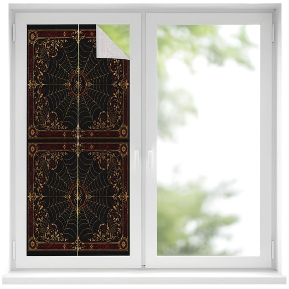 Red Spiders Window Privacy Film Vintage Brown Gold Web Insects Damask Border Rosettes Decorative Glass Window Film UV Blocking Static Cling Sticker Covering for Home Door 19.6 x 39.3 inches