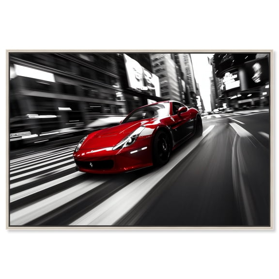 Red Sports Car In The City Print Man Cave Canvas Wall Art by Notoriart, Silver Floater Frame, 36"x24"
