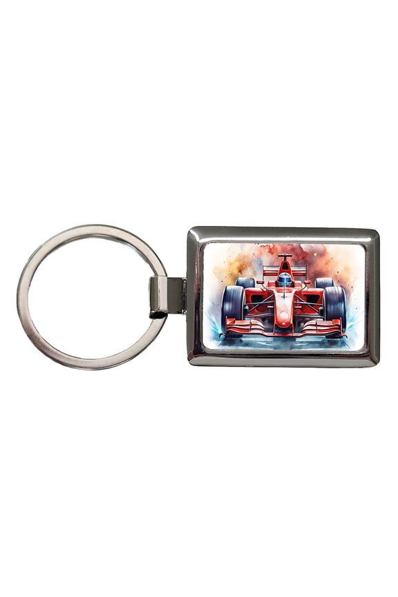Red Sports Racing Car Watercolor Metal Rectangle Keychain